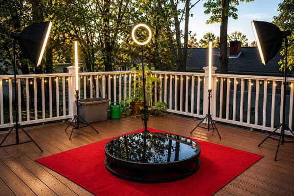 A 360 spin platform on a red carpet with a ring light and studio lights at dusk