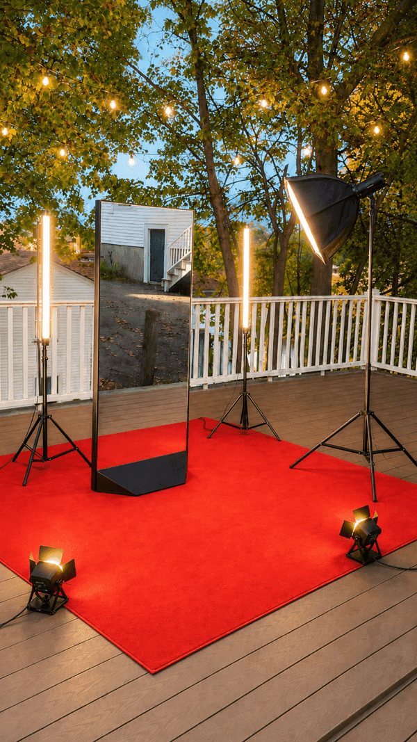 Mirror booth on a red carpet outdoors at dusk, flanked by tube lights and a softbox