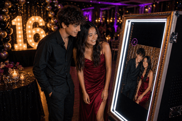 Two guests posing at a lit mirror booth beside illuminated marquee numerals
