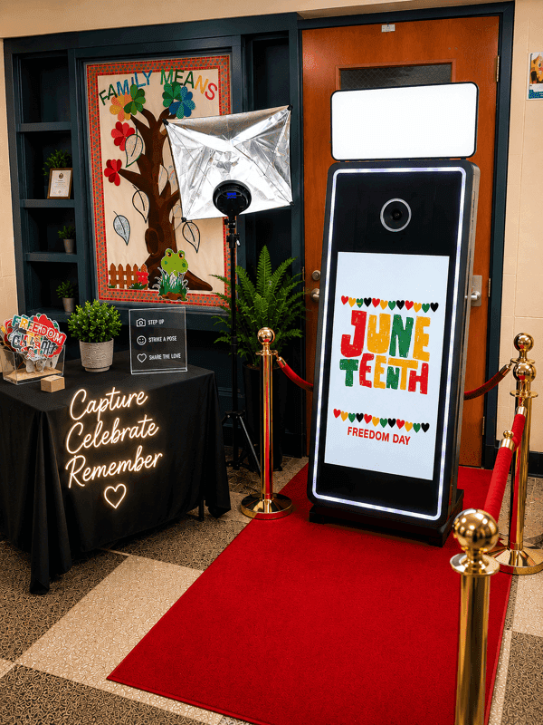 Booth on a red carpet with stanchions and a neon sign reading Capture Celebrate Remember
